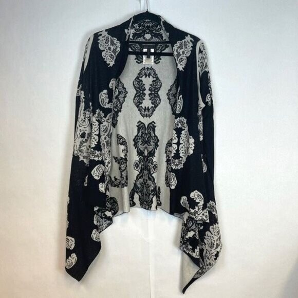BCBGMAXAZRIA Silk Cardigan Sweater Black White Lace Jacquard Woven Size M/L EUC - Picture 1 of 13